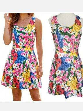 Vintage Robinsons milkmaid dress bright floral sleeveless dress size medium